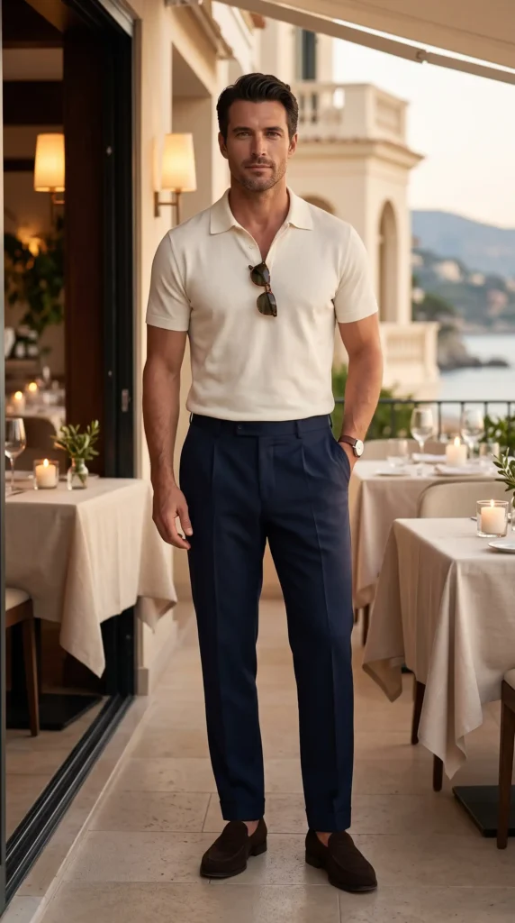 Old Money Outfits for Men Summer Polo: 17 Classy Looks That Feel Effortlessly Rich 10 Cream Polo With Navy Trousers