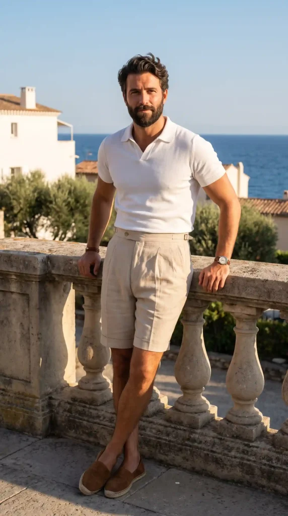 Old Money Outfits for Men Summer Polo: 17 Classy Looks That Feel Effortlessly Rich 11 White Knitted Polo With Pleated Shorts