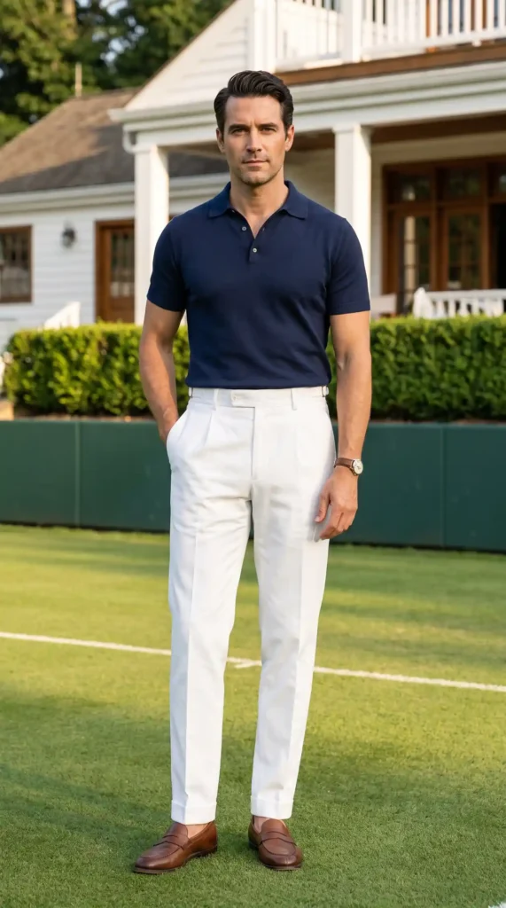Old Money Outfits for Men Summer Polo: 17 Classy Looks That Feel Effortlessly Rich 13 Navy Polo With White Pleated Trousers