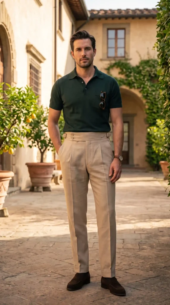 Old Money Outfits for Men Summer Polo: 17 Classy Looks That Feel Effortlessly Rich 15 Dark Green Polo With Beige Gurkha Trousers