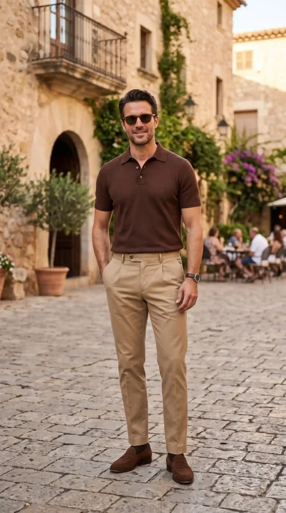 Old Money Outfits for Men Summer Polo: 17 Classy Looks That Feel Effortlessly Rich 9 Brown Polo With Khaki Chinos